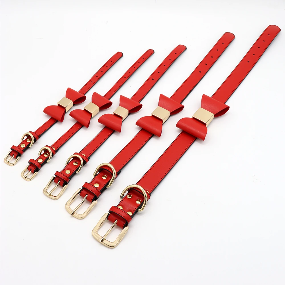 Personalized Dog Collar Cute Bowknot Engraved Dog Collars PU Leather Puppy Cat Necklace Adjustable for Small Medium Large Dogs