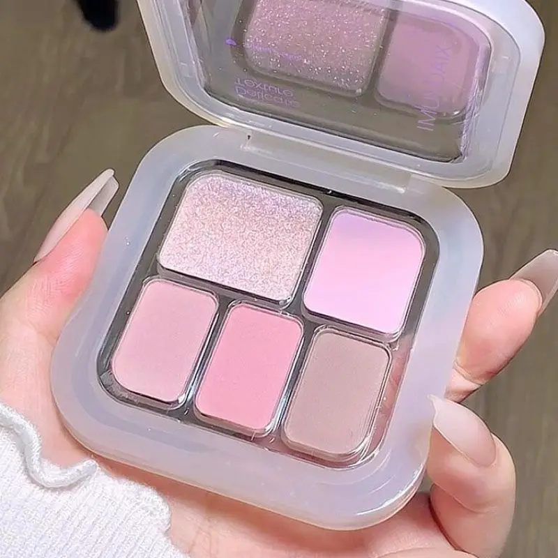 Vibrant 5-Color Glitter & Matte Pink Eyeshadow Palette - Waterproof, Shimmer & Smoky Finish