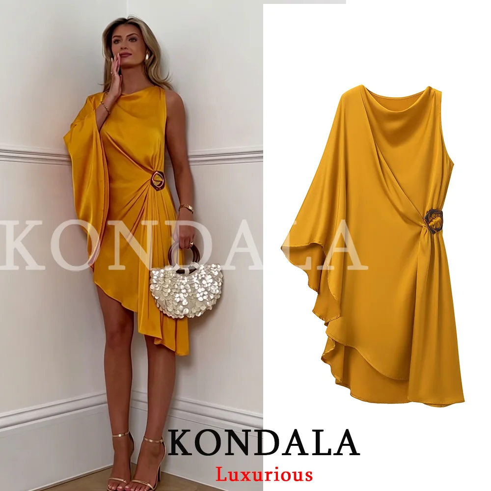 KONDALA Luxuriöses Gold-Satin Damen Partykleid, One-Shoulder Plissiertes Midi-Abendkleid, Modisches Sommerkleid 2026 für den Urlaub