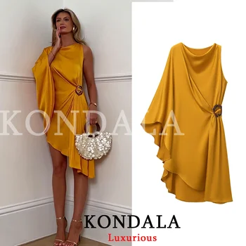 KONDALA Luxry Gold Satin Women Loose Party Dress One Shoulder Pleated Midi Evening Club Dress Fashion 2026 Summer Holiday Dress