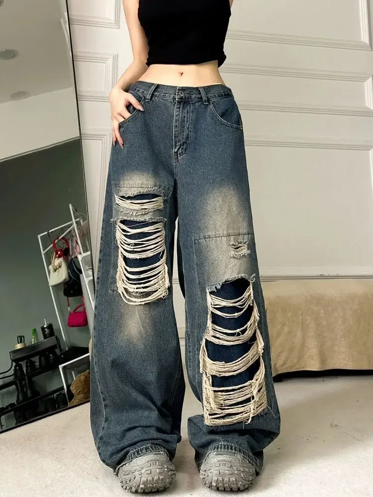 QWEEK Y2K Distressed Baggy Jeans Women 90s Vintage Grunge Blue Denim Pants Oversize Streetwear Harajuku Ripped Wide Leg Trousers