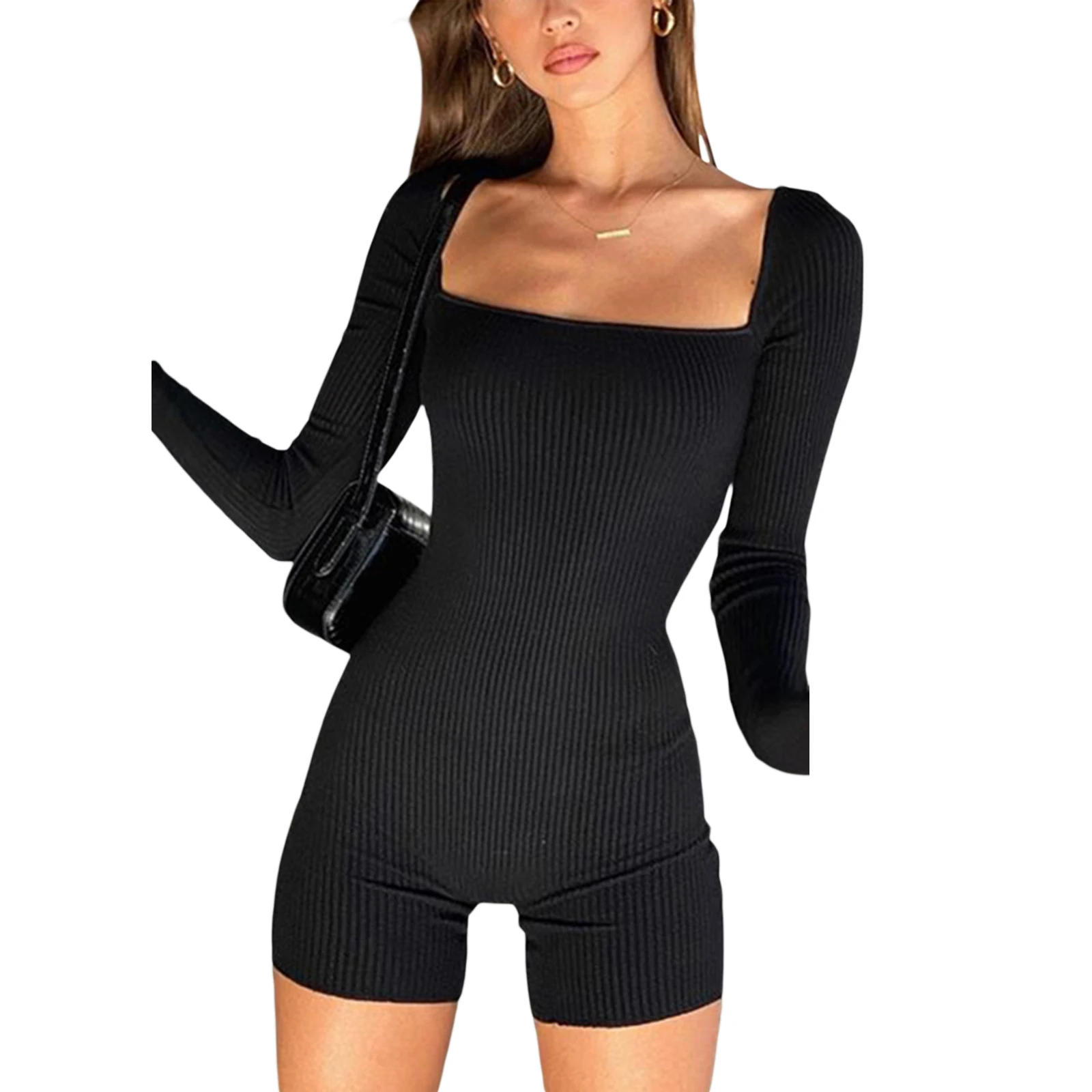 

Women Fashion Solid Color Playsuit Knitted Ribbed Square Neck Long Sleeve Short Jumpsuit Spring Backless Skinny Rompers