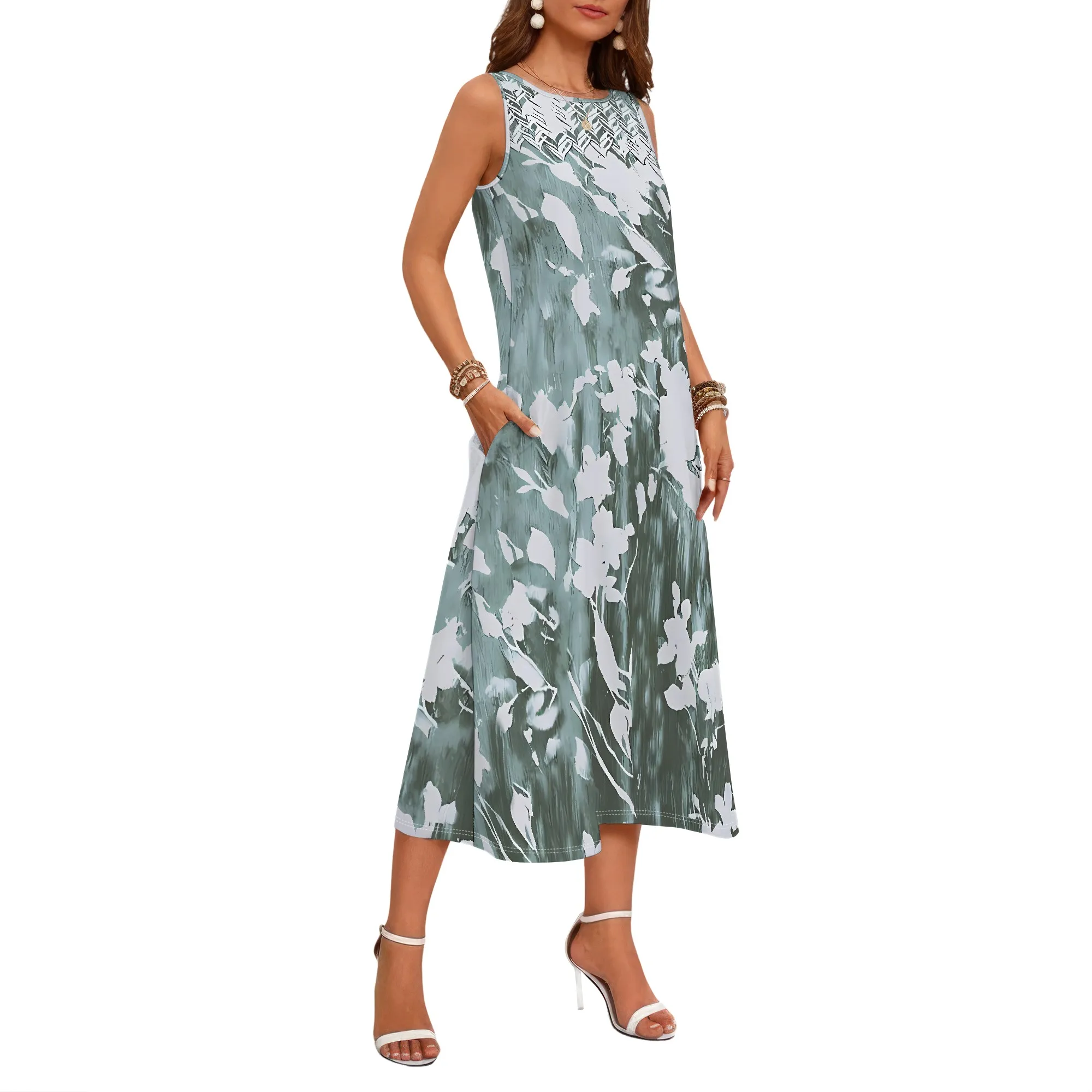 Damen-Kleid im lässigen Stil mit lockerem Rundhalsausschnitt, Sommerkleid mit geometrischem 3D-Print, schwarzem Stil, ärmellos, großes Swing-Kleid (mit Tasche) – Detail 9
