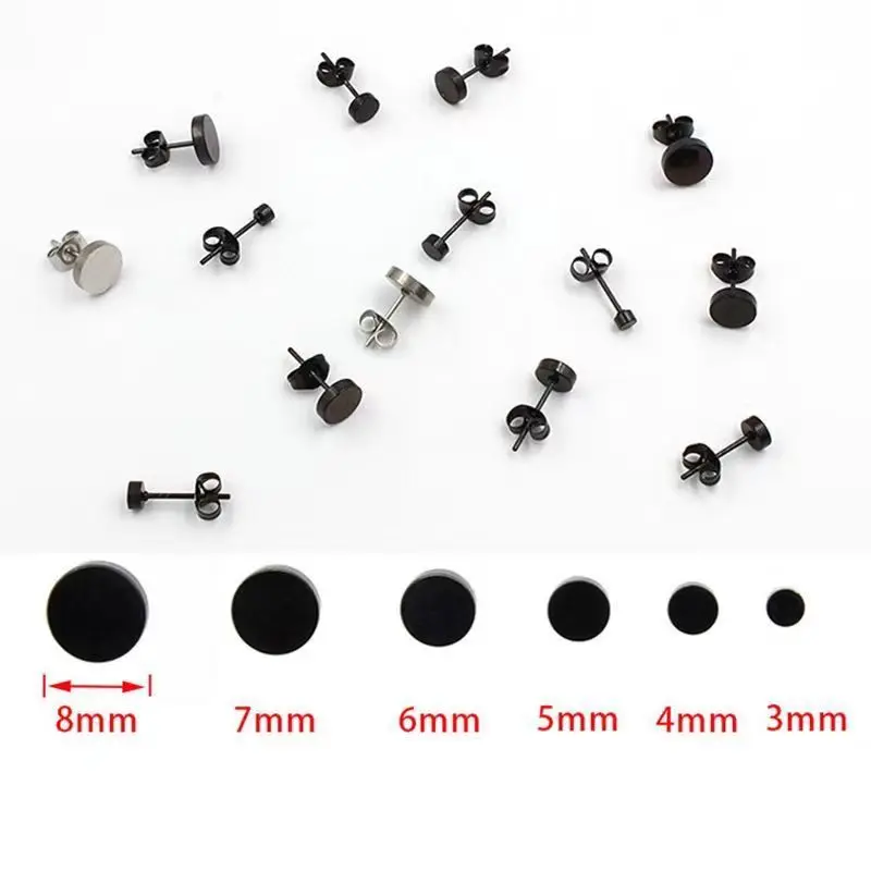 6 PAIRS 3/4/5/6/7/8MM Round Flat Ear Stud Stainless Steel Black Stud Earrings Ear Post Jewelry Piercings Men Women