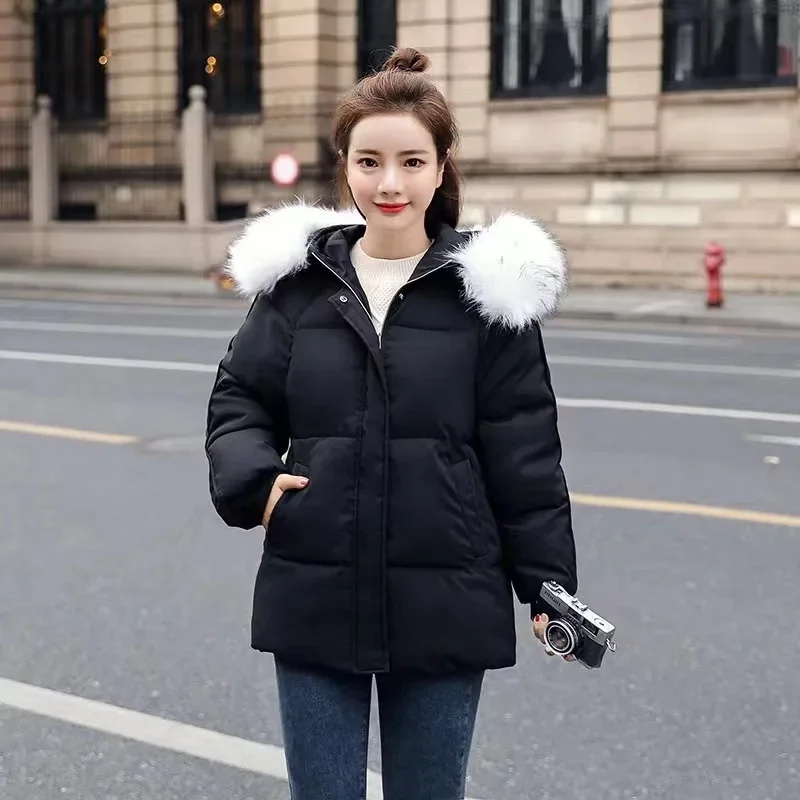 Winter Coats Solid Simple Parkas Women's  Female Fashion Outwear Large Fur Collar Hooded Thick Cotton Down Thickened Jackets