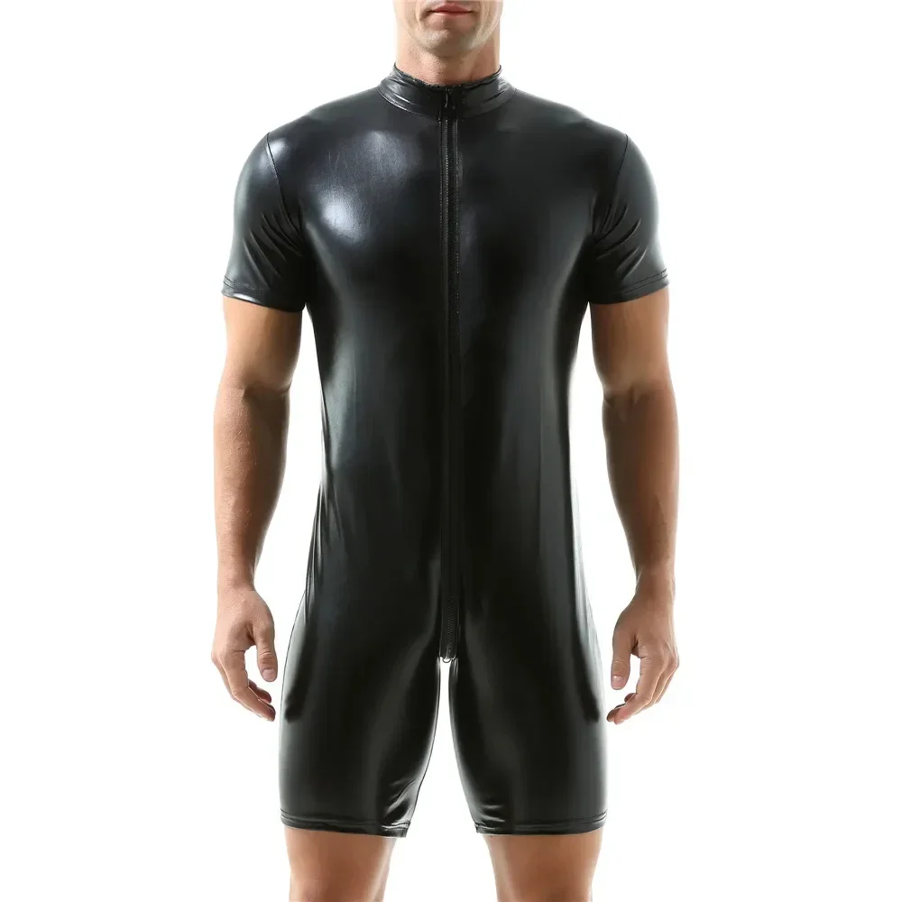 Mens Faux Leather Zipper Open Crotch Bodysuit Male Short Sleeve Catsuit Nightclub Leotard Wrestling Singlet Sexy Tights Jumpsuit