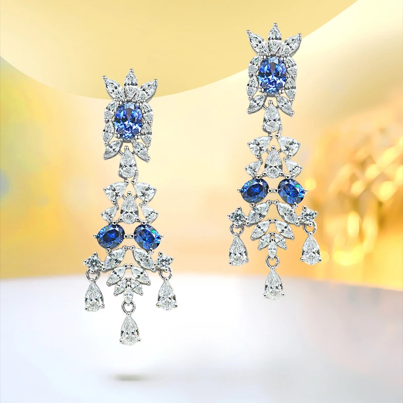 

New Tanzania Blue Earrings with Silver Inlaid High Carbon Diamond Light Luxury Earrings, Versatile and Unique Design, High Sense