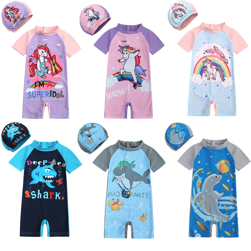 Kids Baby Swimwear 2Pcs Cap + Bodysuit Toddler Swimming Bathing Wetsuit For Children Boys Girls kids swimsuits