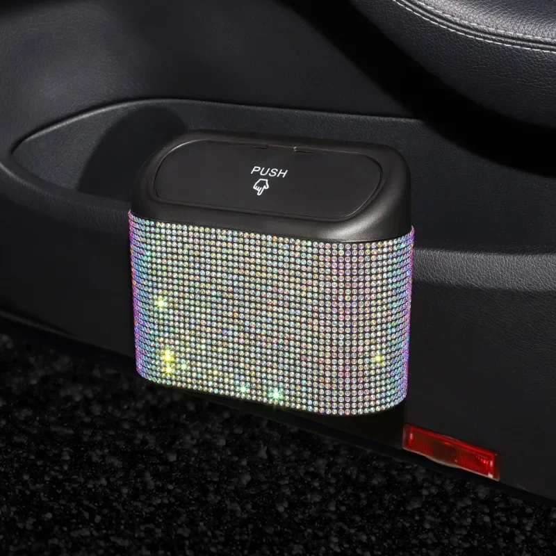 Diamond Crystal Car Trash Bin Hanging Vehicle Garbage Dust Case Storage Box Pressing Type Trash Can Auto Bling Accessories