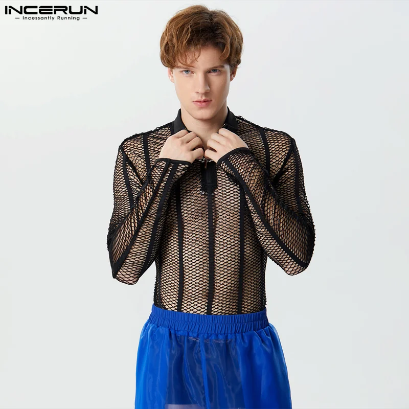 

INCERUN Fashion Men Bodysuits Mesh Lapel Long Sleeve 2024 Zipper Rompers Men Sexy Streetwear Transparent Fitness Bodysuit S-3XL