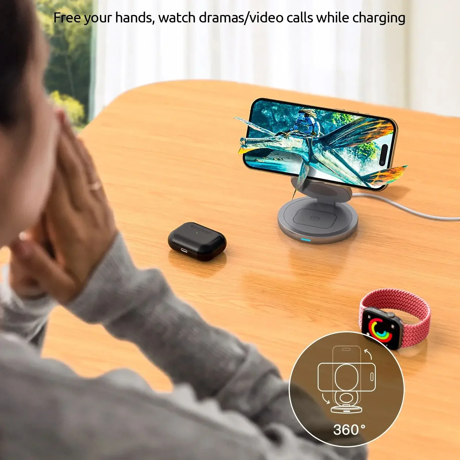 3 in 1 자기 360 회전 금속 무선 충전기 스탠드 패드 iPhone 15 14 13 12 Apple Watch 9 8 Airpods 고속 충전 스테이션