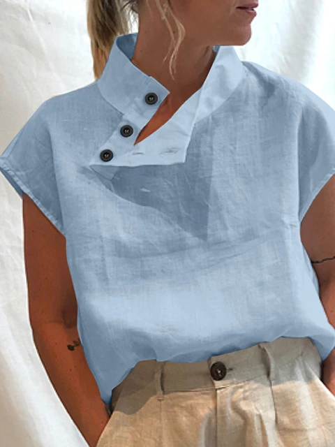 Celmia Women Short Sleeve Blusas 2022 Summer Cotton Linen Shirts Fashion Oversized Blouses Casual Loose Camisas Solid Tunic Tops Light Blue