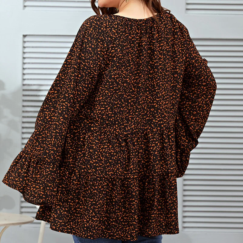 Elegant Leopard Printing Loose T-Shirt V-Neck Bandage Long Flare Sleeve Autumn Casual Pullover Midi Tops Women Plus Size Clothes