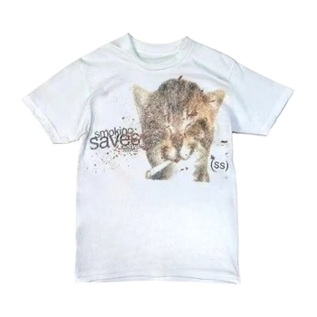 Y2K Streetwear Print Women's T-shirts Tops Goth Punk T-shirts Y2K Emo Vintage Graphic Cat Print Slim Casual T-shirts Summer Tops 1