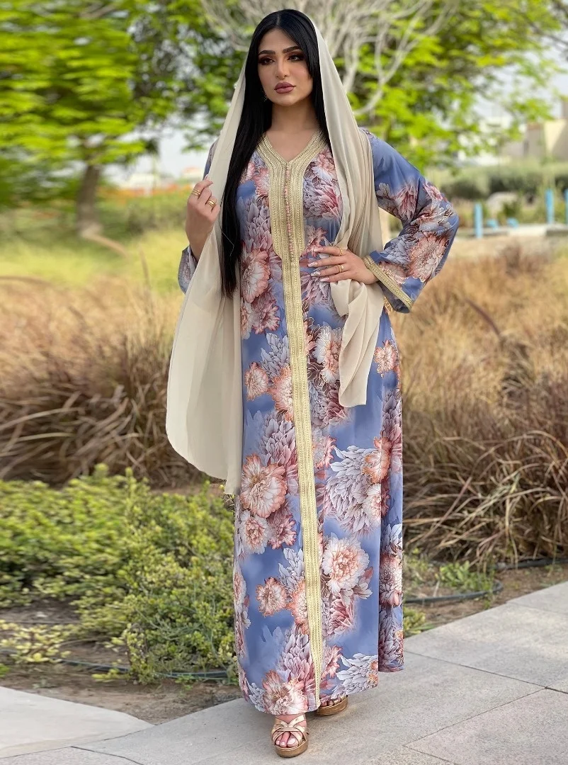

Abaya for Women Printed Robe V Neck Floral Long Sleeved Dress Dubai Turkey Muslin Morocco Abaya Caftan Kaftan Women Clothing