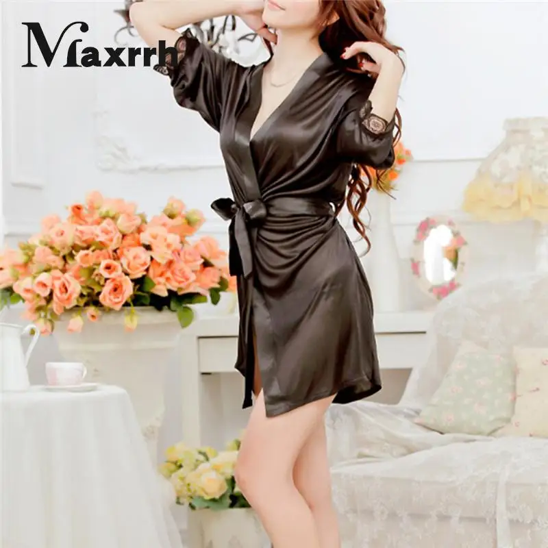 Women Dress Women Sleepwear Silk Robe Night Robe Sleepwear Dress Nightdress Sexy Homewear Women V Neck Three Quarter Length Sleeve Satin Robe Black/Rose/White