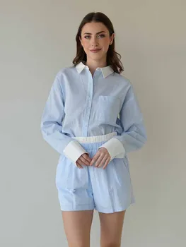 Marthaqiqi Striped Loose Women Nightgowns Suit Long Sleeve Pajamas Turn-Down Collar Sleepwear Shorts Casual Ladies Nightwear Set