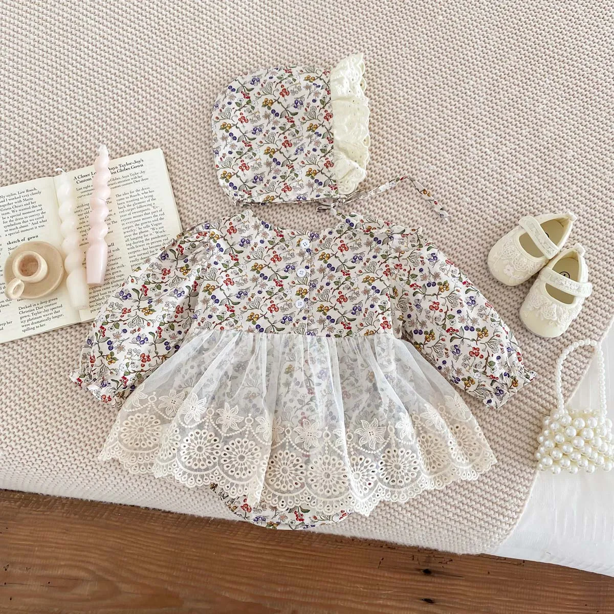 Newborn Girl Romper  Lace Cut Out Floral Dress   Long Sleeved+ Hat Baby Girl Bodysuit Baby Clothes 0-24 Months 5