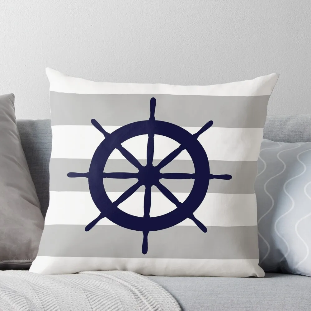 

Nautical Navy Blue Ship's Steering Wheel On Silver Gray Stripes Throw Pillow Throw Pillow Cushions Covers For Sofas