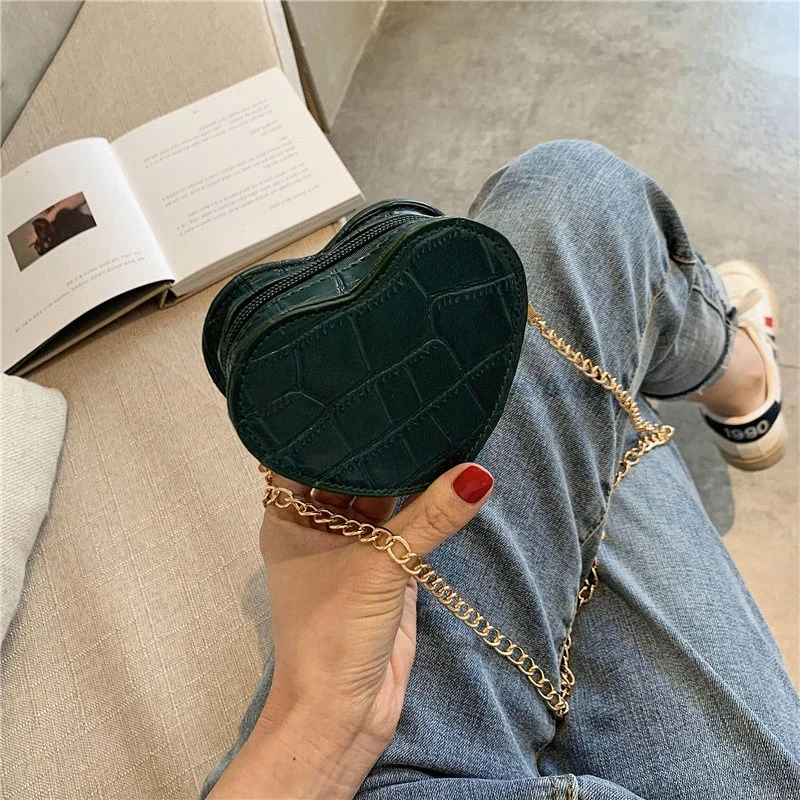 

Women Mini Shoulder Bag Long Chain Alligator Print Girls PU Summer Easy to Match Wallet Coins Ins Popular HeartRound Crossbody