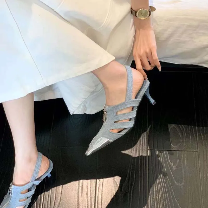 

Blue High Heels Black Pointed Toe Slingback Ladies Office Shoes Zipper Low Heel Silver Dress Shoes Women Pumps Summer Stiletto