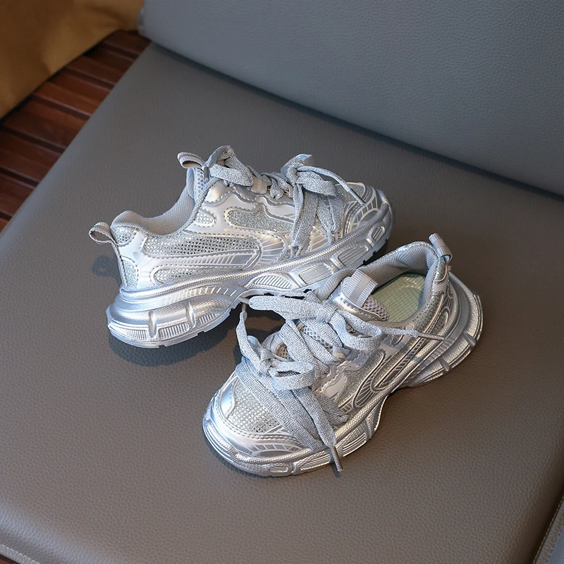 Silver Mesh Kids Chunky Sneakers Breathable School Sports Shoes