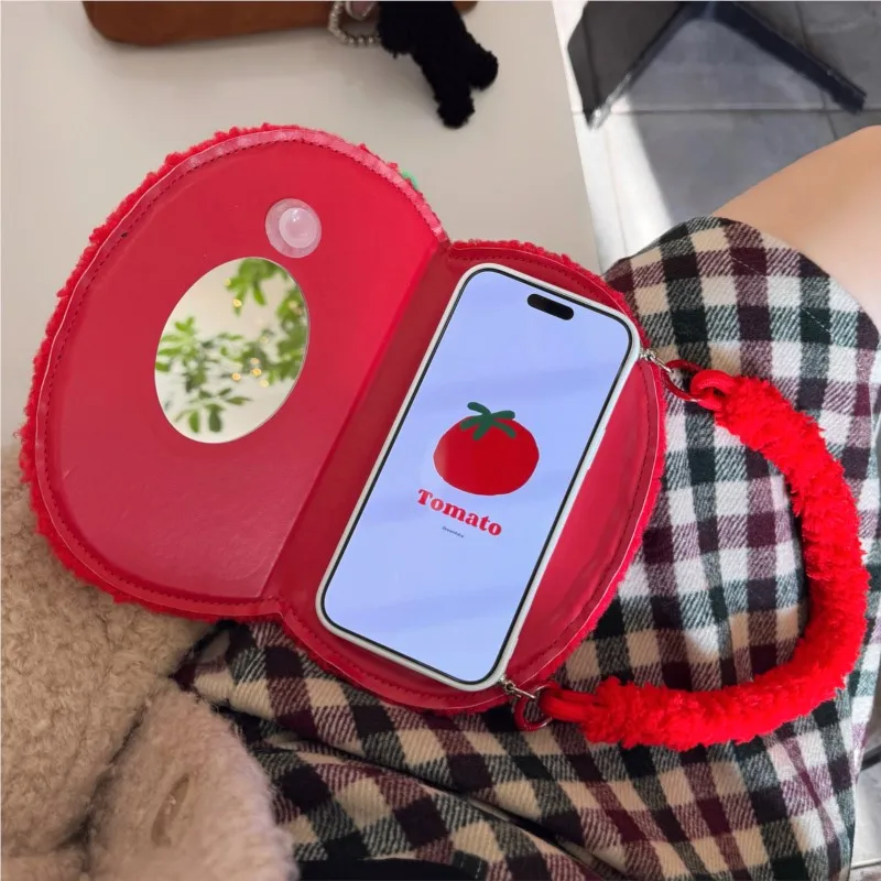 Tomatoes Creative Flip Plush Phone Case with Built-in Mirror