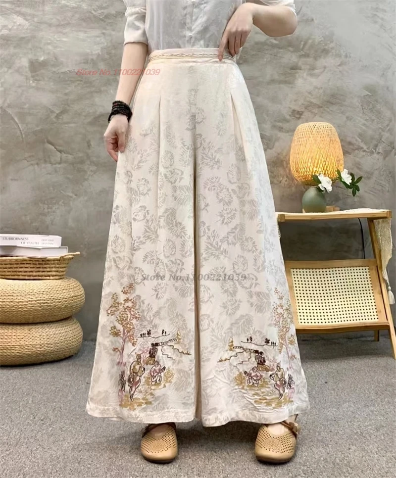 chinese vintage pants flower embroidered pants women traditional wide leg trousers national satin jacquard folk loose