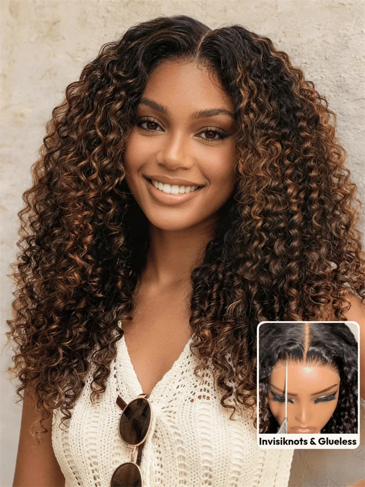 UNice 7x5 Bye Bye Slip™ Chestnut Brown Ombre Burmese Curly Wig With Finger Coil Ends -Put On & Go Glueless Wig With Drawstring