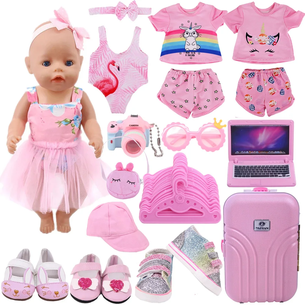 Doll Clothes Pink Skirt Flamingo Bkini,Bunny Hairpin,Shoes For 18Inch American Toy&43cm Born Baby Doll Accessories Birthday Gift 25 pink series dress clothes for baby 43cm