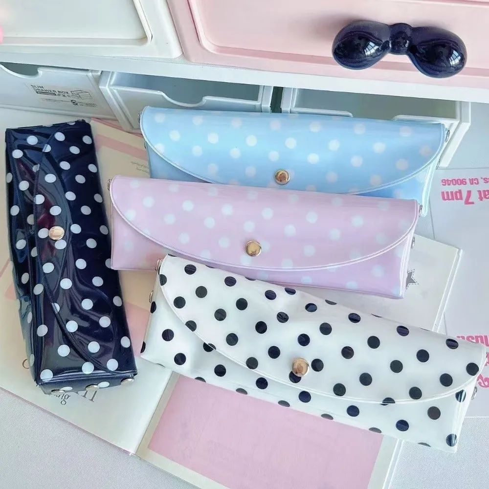 Astuccio in PVC a pois con chiusura a bottone a pressione, design portatile, custodia leggera e resistente, organizer per cancelleria per studenti