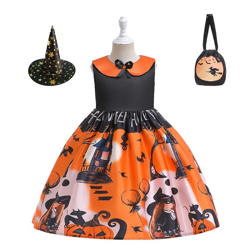 Bebê menina roupas crianças cosplay fantasia carnaval bruxa castelo  impressão vestido preto com chapéu saco festa de halloween vestido| | -  AliExpress