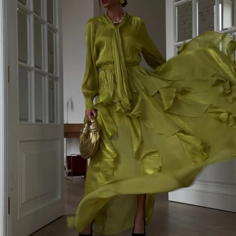 Nuovo Elegante Abito Lungo da Sera/Cerimonia da Donna 2026 con Volant, in Chiffon Lucido, a Maniche Lunghe, con Cintura Annodata e Strati - immagine 4