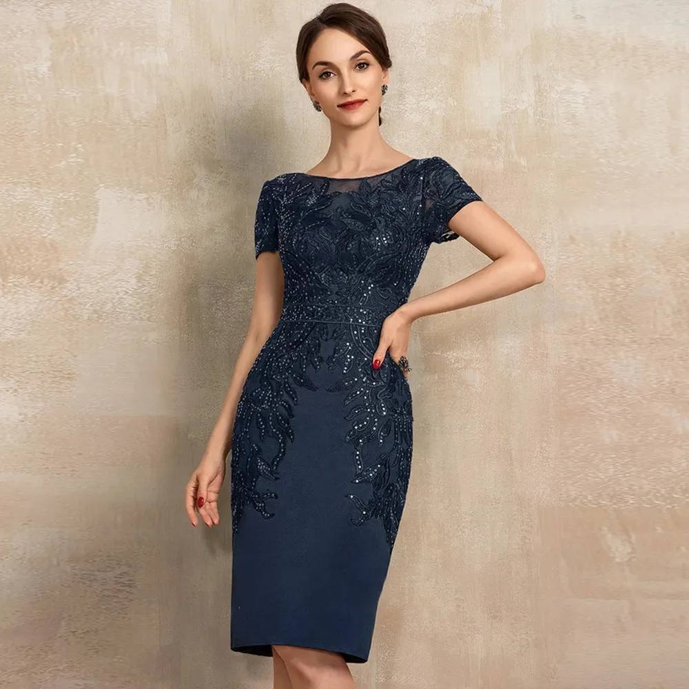 

Elegant Navy Blue Straight Mother Of The Bride Dress For Woman Short Sleeves Vintage Groom Mom Wedding Party Gown Knee Length