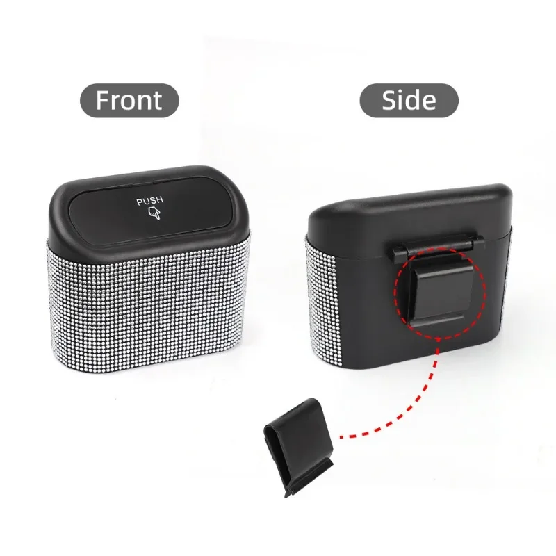 Diamond Crystal Car Trash Bin Hanging Vehicle Garbage Dust Case Storage Box Pressing Type Trash Can Auto Bling Accessories