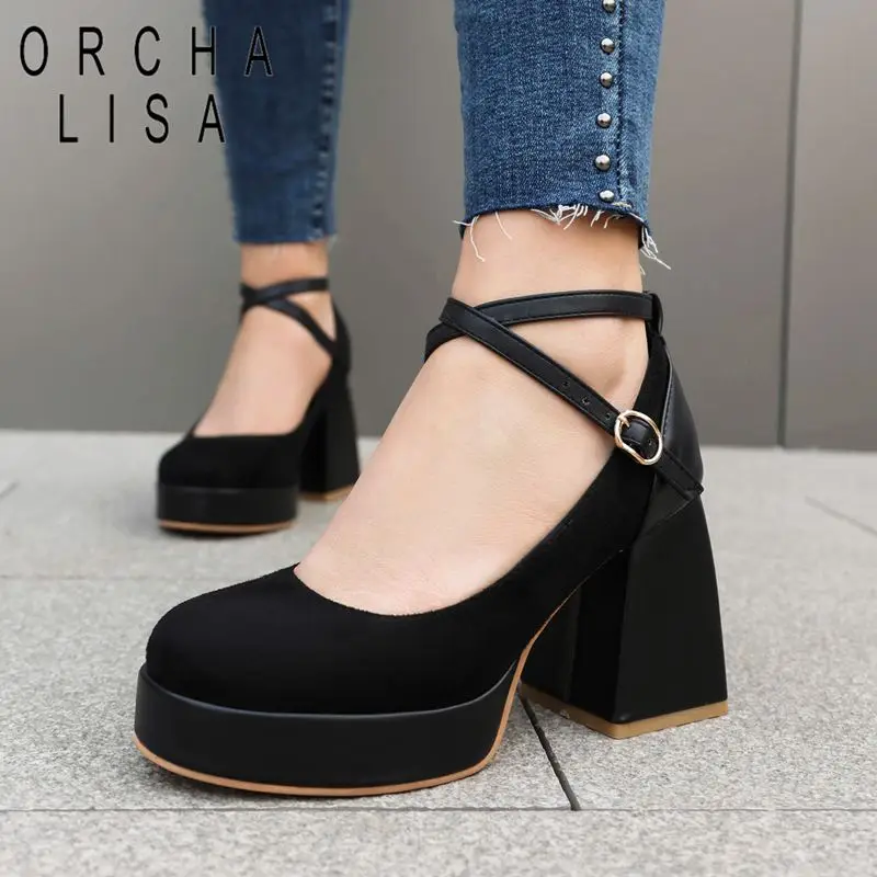 

ORCHA LISA Fashion Women Pumps 32 Round Toe Block Heels 9cm Flock Suede Ankle Buckle Strap Plus Size 44 45 Wedding Party Shoes