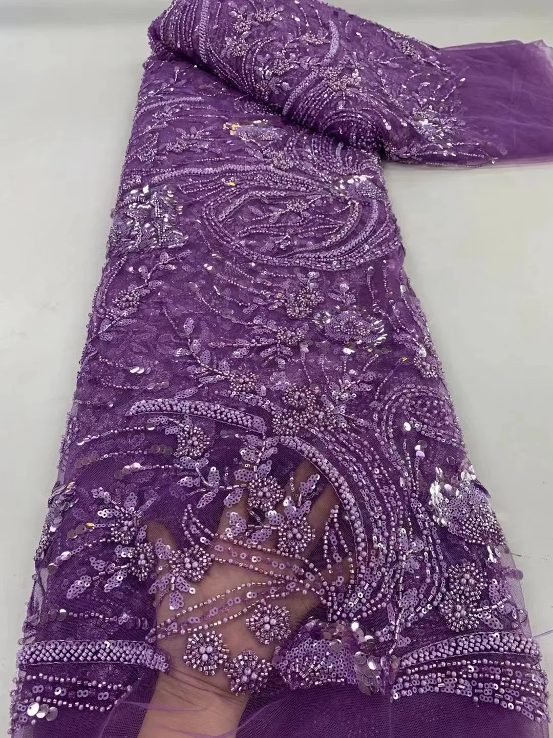

Purple New Hot Sale Africa Design Super Top Quality Handmade Embroidery Beads Net Lace Sequins For Making Pary Or Evening Dress