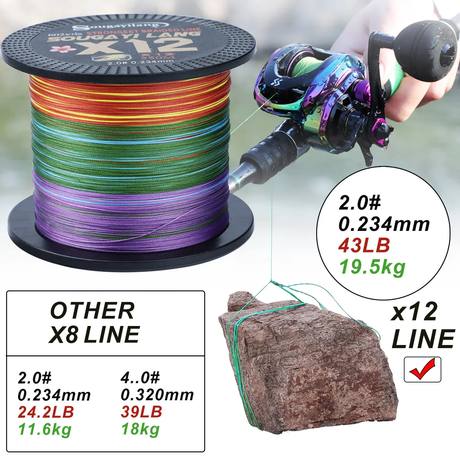 Fishing Line Sougayilang X12 12 Strands Braided 350M 550M Multifilament PE Saltwater Fishing Tackle
