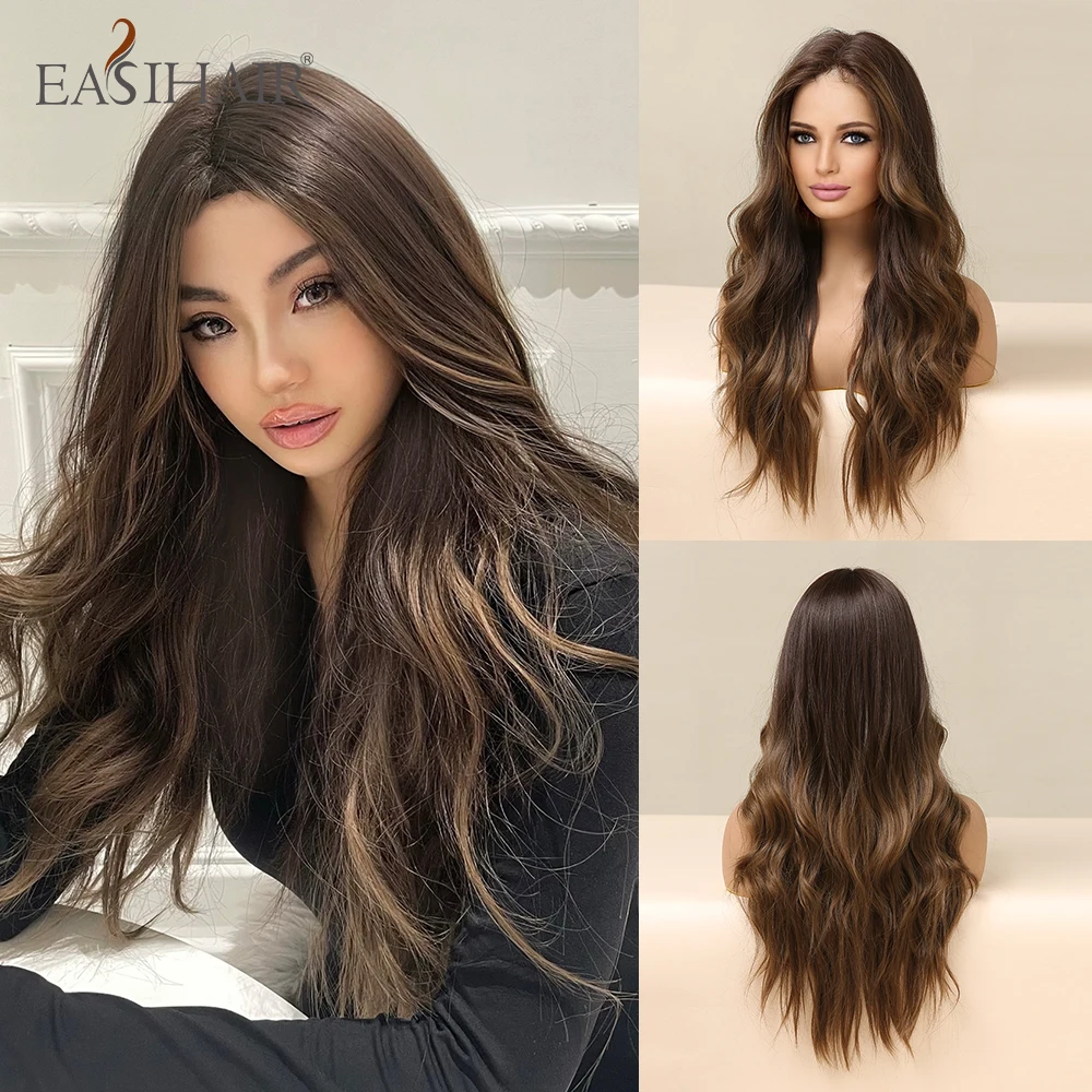 EASIHAIR Brown Highlights on Brown Hair Ddeas Long Wavy Synthetic Wigs Natural  Dark Brown Hair With Highlights Fast Shipping| | - AliExpress