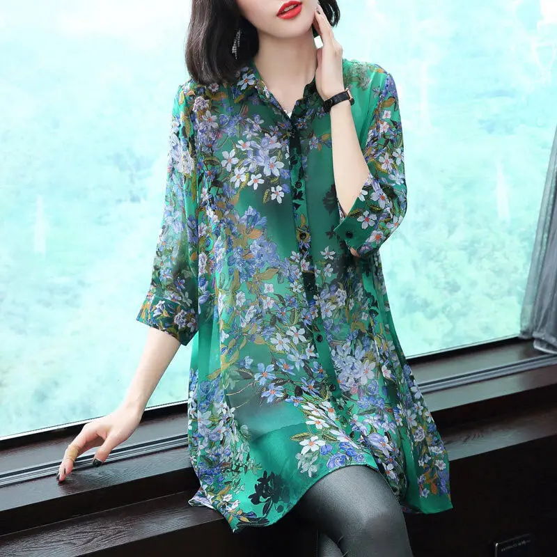 

Chiffon Printed Polo-Neck Casual Blouse 2023 Summer New 3/4 Sleeve Fashion All-match Midi Single-breasted Shirt Women's Clothing