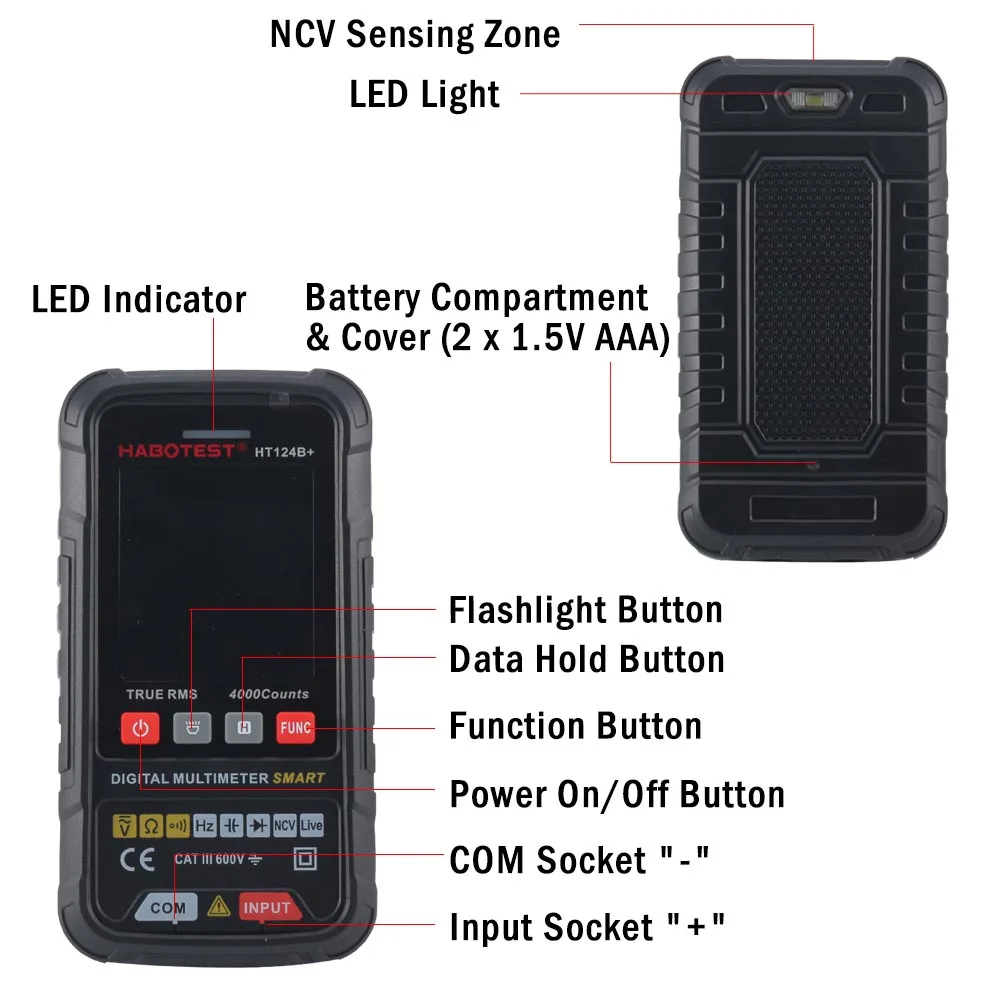 4000 Counts Smart Digital Multimeter HABOTEST HT124B Pro AC DC Voltage Capacitance Frequency Resistance Continuity NCV Tester