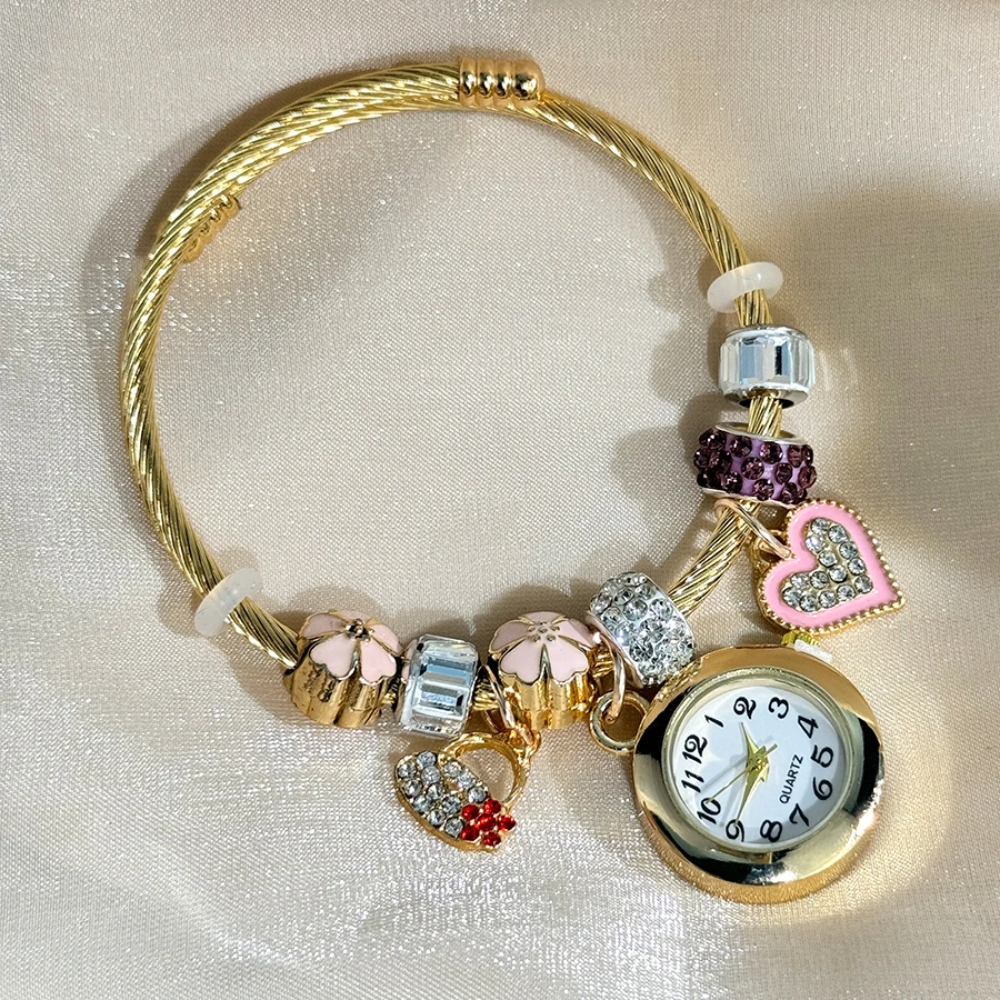 Cross-border Gold Bracelet Watch Adjustable opening Alloy bracelet Quartz Watch Beaded Small flower bracelet Watch 4
