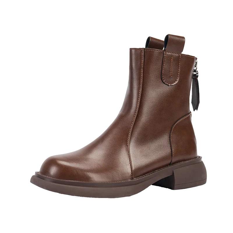 Women's Thick Sole Short Boots British Style Round Head Solid Colour Platform Boots Back Zip Non-slip Shoes Botas Para Mujeres