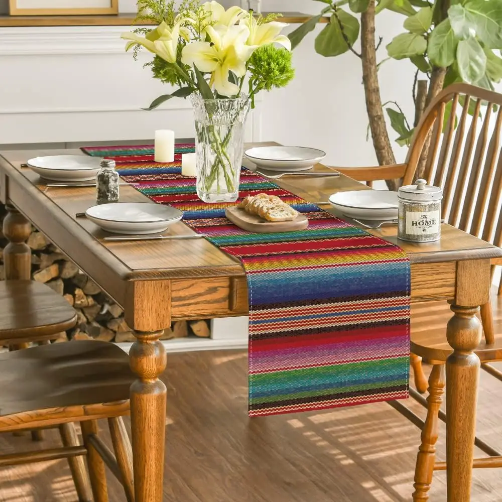 Mexican Colorful Stripes Serape Linen Table Runner Party Decorations Dia De Los Muertos Fiesta Kitchen Table Runner Party Decor 4
