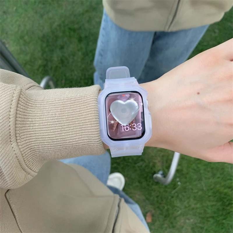 

Корейский спортивный прозрачный ремешок + чехол для Apple Watch 7 6 SE 5 4 3 2, прозрачный силиконовый ремешок для iwatch, ремешок 41 мм 45 мм 38 мм 40 мм 44 мм 42 мм