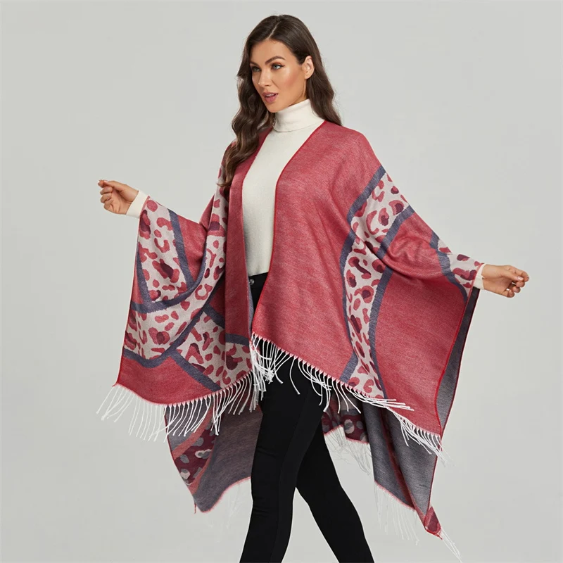 

Women Winter Cashmere Fringed Long Leopard Print Slit Shawl Cloak Fashion Winter Thicken Warm Scarf Pashmina Blanket 2023