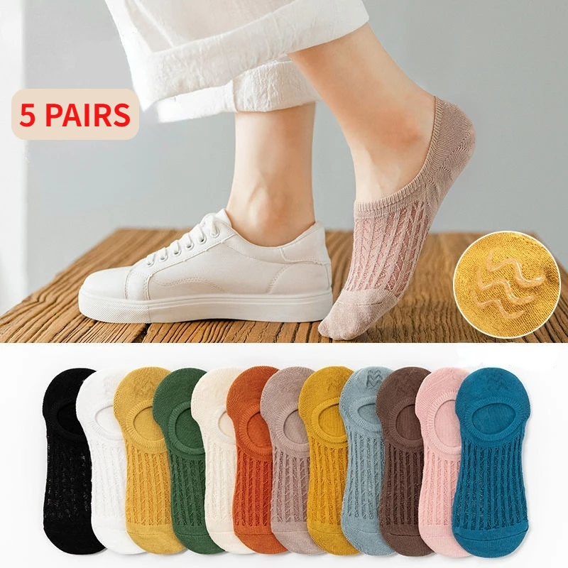Летние Женские Невидимые Нескользящие Лодочки Низкие Носки Mujer Силиконовые Chaussette Лодыжки Показать Дышащие 5 Пар Сетчатые Носки Лодыжки