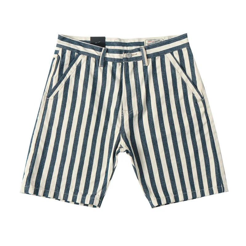 Amekaji Vertical Stripes Men's 5-Point Denim Shorts Men's Straight European And American Vintage Canvas Overalls
