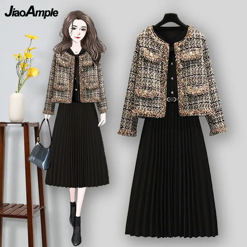 Women's Autumn Fashion Two Piece Dress Set Korean Lady Graceful Tweed Short Jacket Black Bowknot Collar Dresses Outfits 2022 New симпатичный сплошной регулируемый кот галстук бабочка pet dog collar bowknot галстук бабочка галстук бабочка