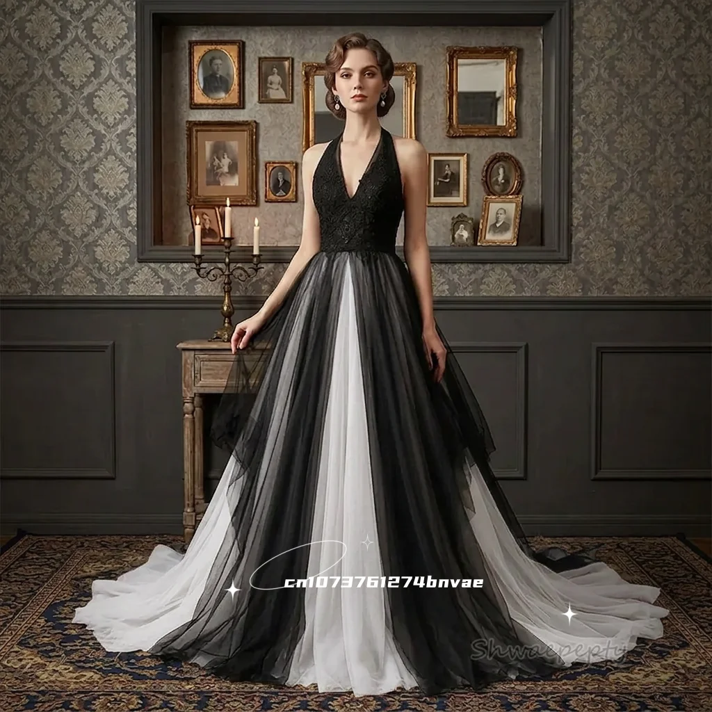 Black And White Halterneck Gothic Wedding Dresses Gothic Black Wedding  Dresses Halter Neck Backless Lace Appliques